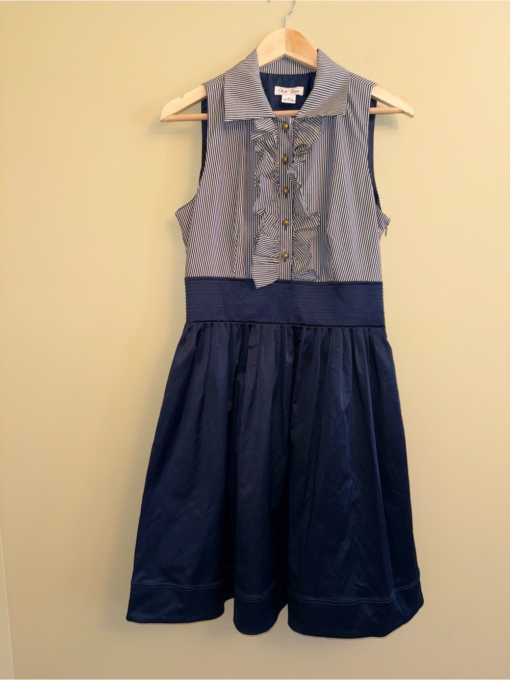 Olivia & Grace Sleeveless Blue Vneck Ruffle Strip Midi Dress 10 Nautical Chic